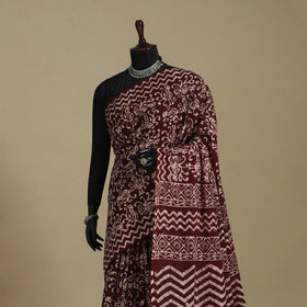 Brown - mul cotton hand batik saree 65 - handcrafted