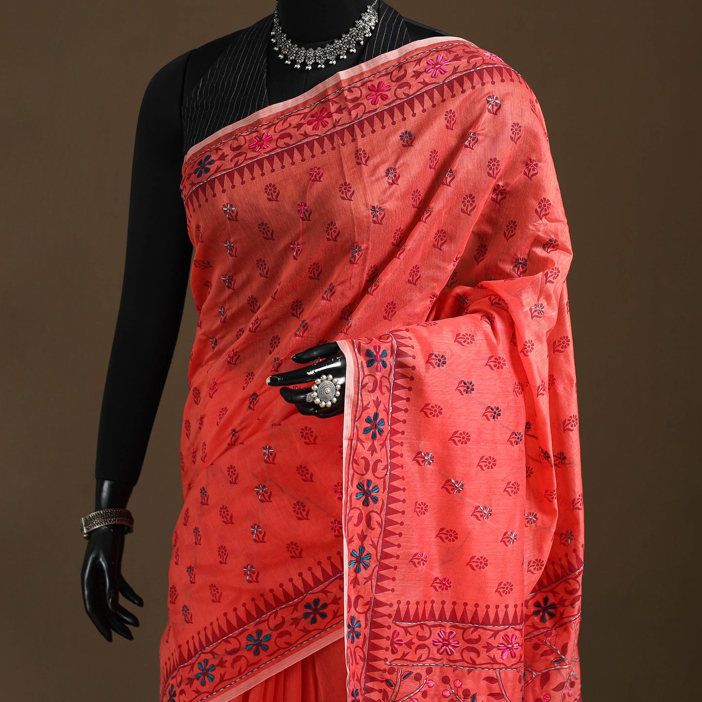 Orange - Phulkari Hand Embroidered Chanderi Silk Chapa Work Saree 27