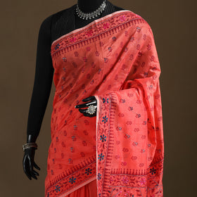 Orange - Phulkari Hand Embroidered Chanderi Silk Chapa Work Saree 27