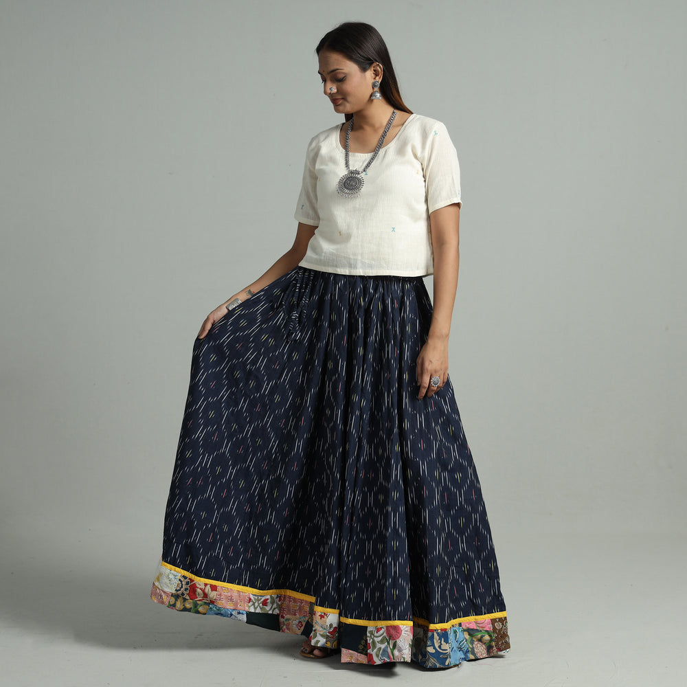 Blue - Pochampally Ikat 24 Kali Cotton Skirt with Patchwork Border 02