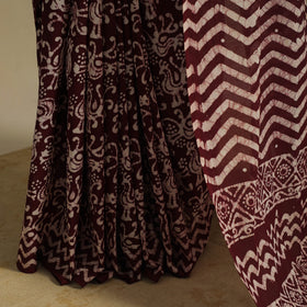 Brown - mul cotton hand batik saree 65 - handcrafted