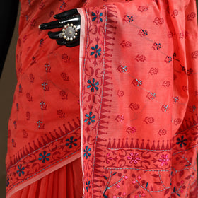 Orange - Phulkari Hand Embroidered Chanderi Silk Chapa Work Saree 27