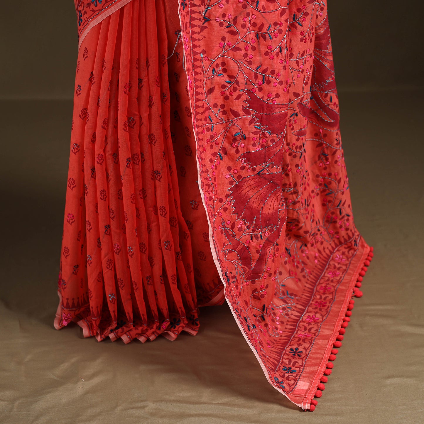 Orange - Phulkari Hand Embroidered Chanderi Silk Chapa Work Saree 27
