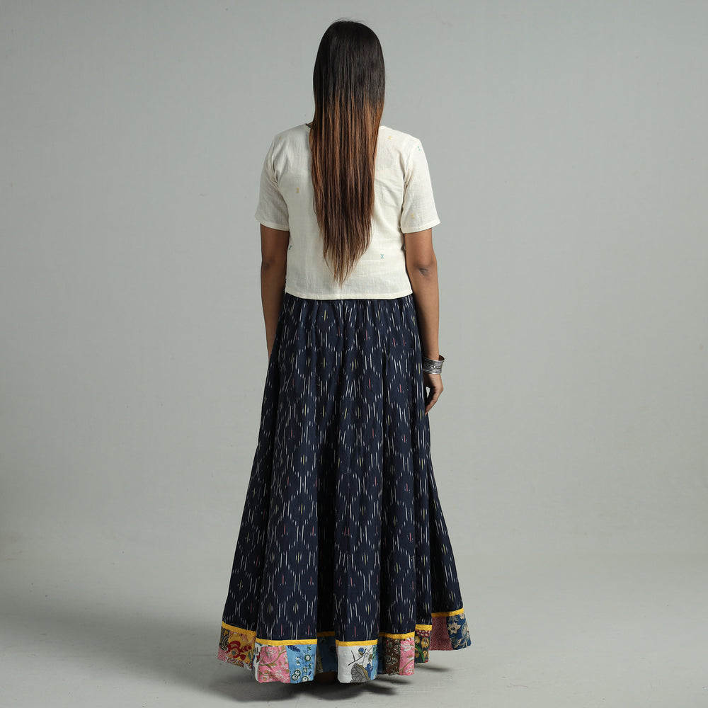 Blue - Pochampally Ikat 24 Kali Cotton Skirt with Patchwork Border 02