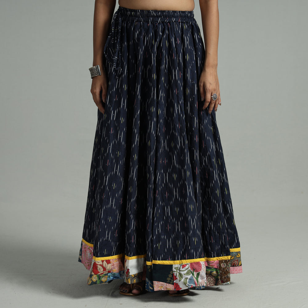 Blue - Pochampally Ikat 24 Kali Cotton Skirt with Patchwork Border 02