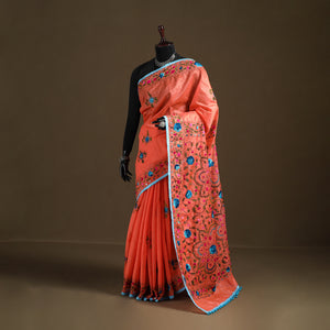 Phulkari Hand Embroidered Chanderi Silk Chapa Work Saree 28