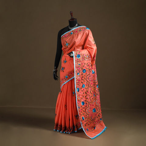 Orange - Phulkari Hand Embroidered Chanderi Silk Chapa Work Saree 28