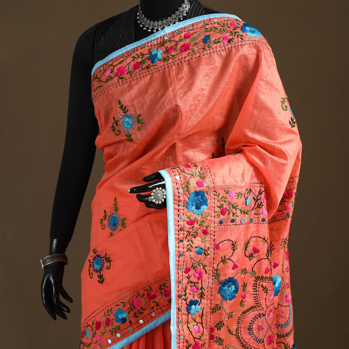 Orange - Phulkari Hand Embroidered Chanderi Silk Chapa Work Saree 28