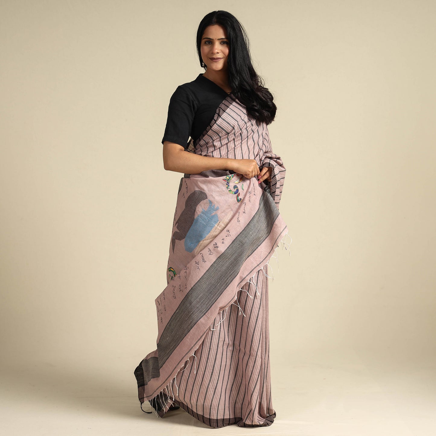 Pink - Bengal Kantha Hand Embroidery Handloom Cotton Saree with Tassels 16