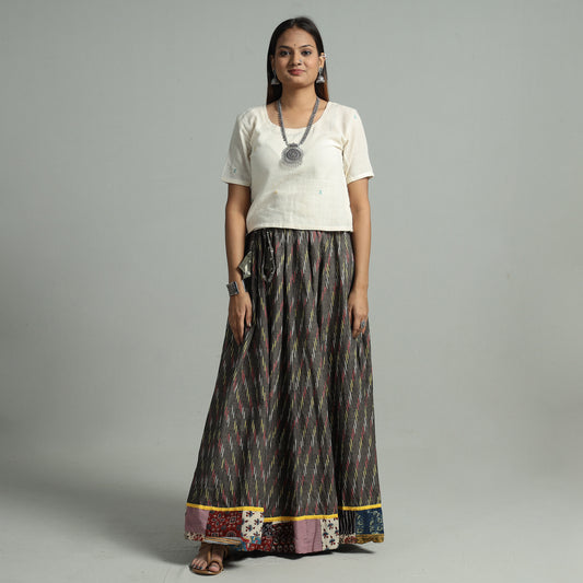 Grey - Pochampally Ikat 24 Kali Cotton Skirt with Patchwork Border 03