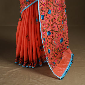Orange - Phulkari Hand Embroidered Chanderi Silk Chapa Work Saree 28