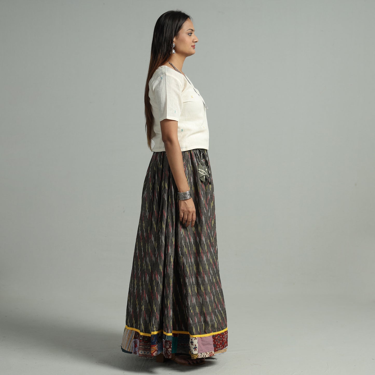 Grey - Pochampally Ikat 24 Kali Cotton Skirt with Patchwork Border 03