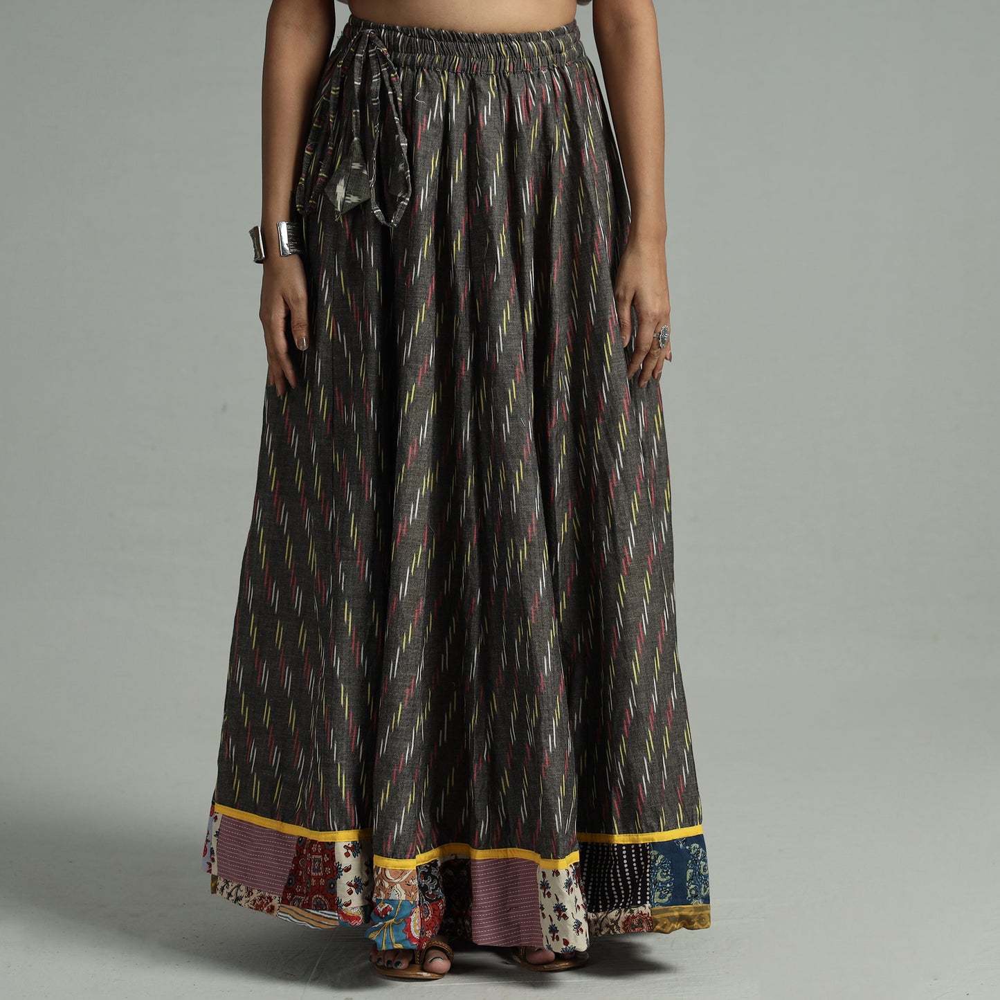 Grey - Pochampally Ikat 24 Kali Cotton Skirt with Patchwork Border 03