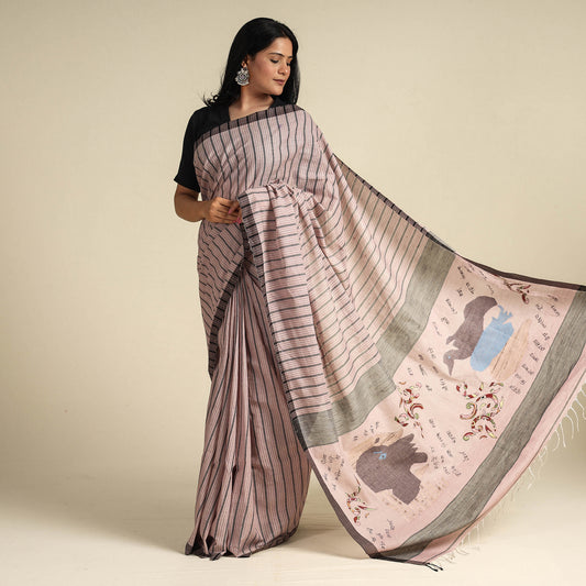 Pink - Bengal Kantha Hand Embroidery Handloom Cotton Saree with Tassels 27