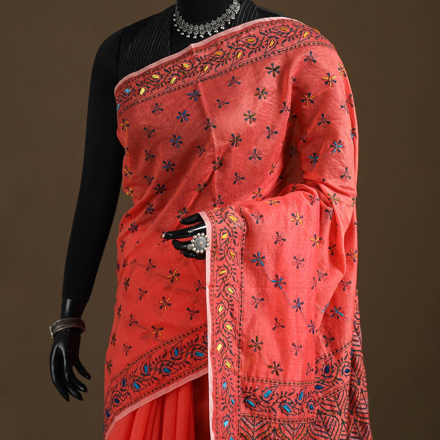 Phulkari Hand Embroidered Chanderi Silk Chapa Work Saree 29