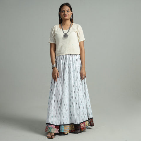 White - Pochampally Ikat 24 Kali Cotton Skirt with Patchwork Border 04