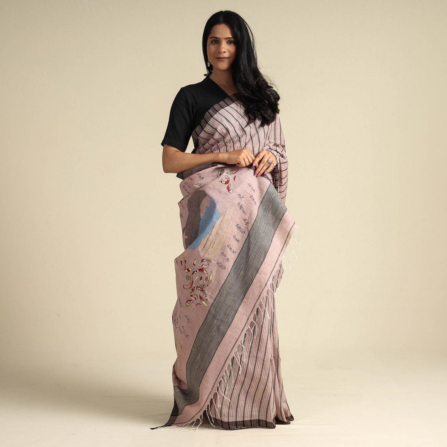 Pink - Bengal Kantha Hand Embroidery Handloom Cotton Saree with Tassels 27