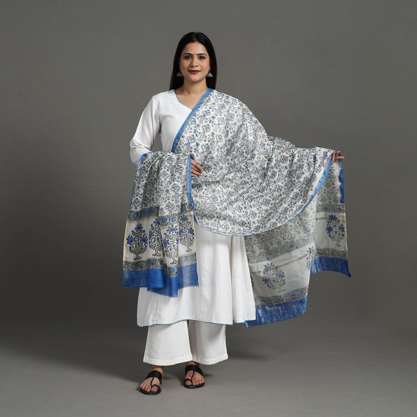 Grey - Block Print Handloom Chanderi Silk Sanganeri Dupatta 01