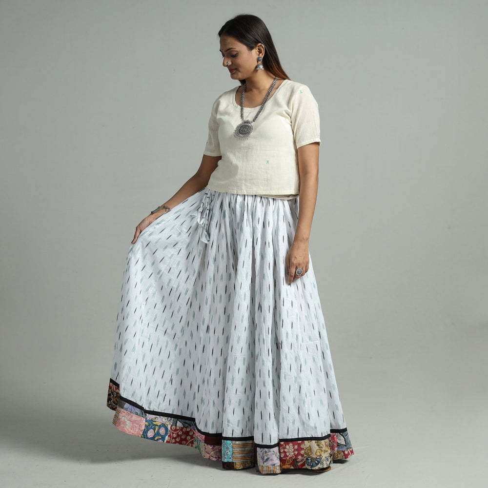 White - Pochampally Ikat 24 Kali Cotton Skirt with Patchwork Border 04