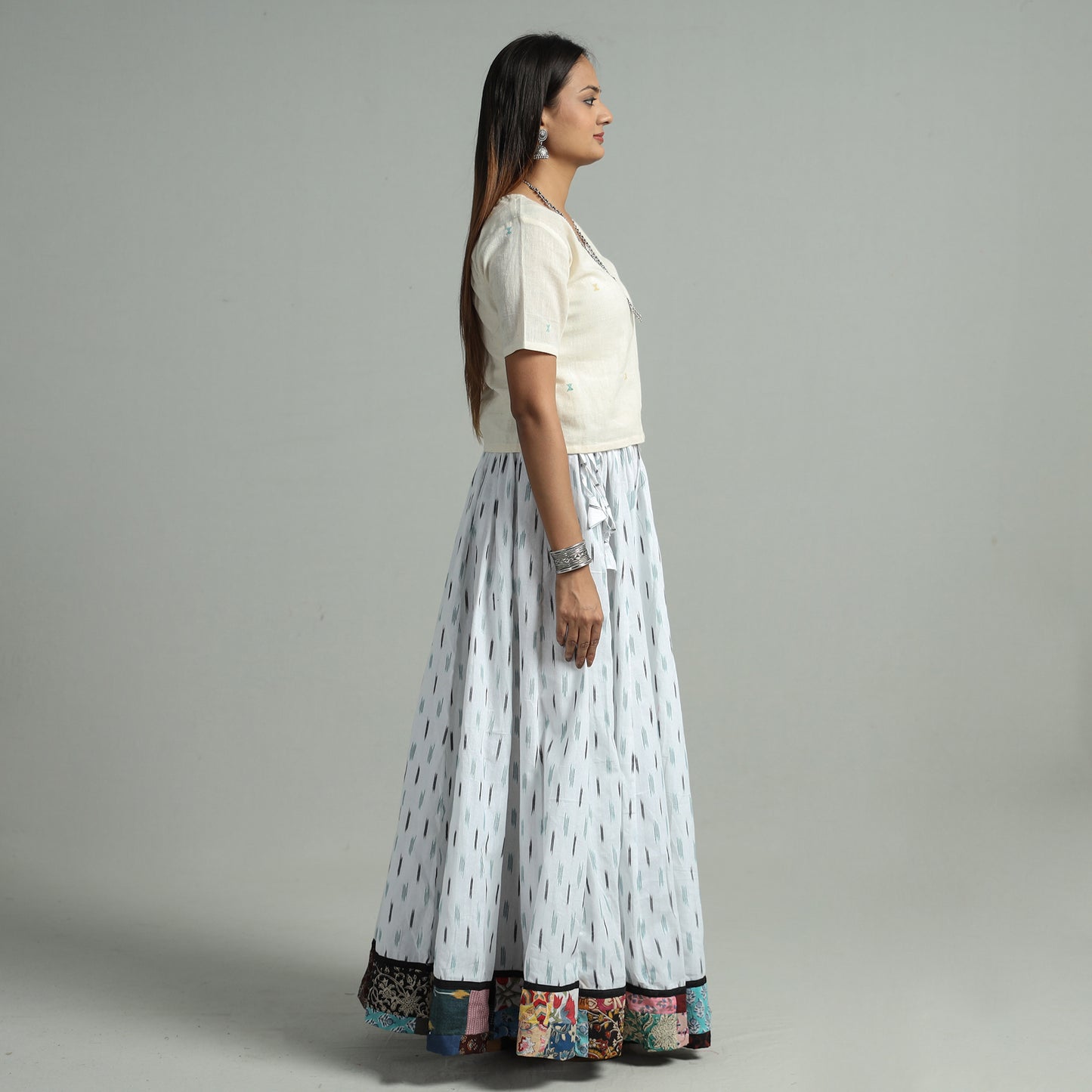 White - Pochampally Ikat 24 Kali Cotton Skirt with Patchwork Border 04