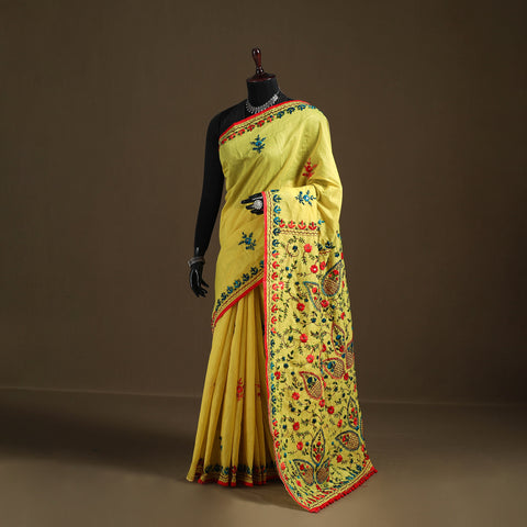 Yellow - Phulkari Hand Embroidered Chanderi Silk Chapa Work Saree 30