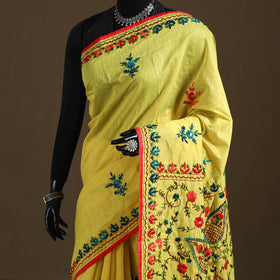 Yellow - Phulkari Hand Embroidered Chanderi Silk Chapa Work Saree 30