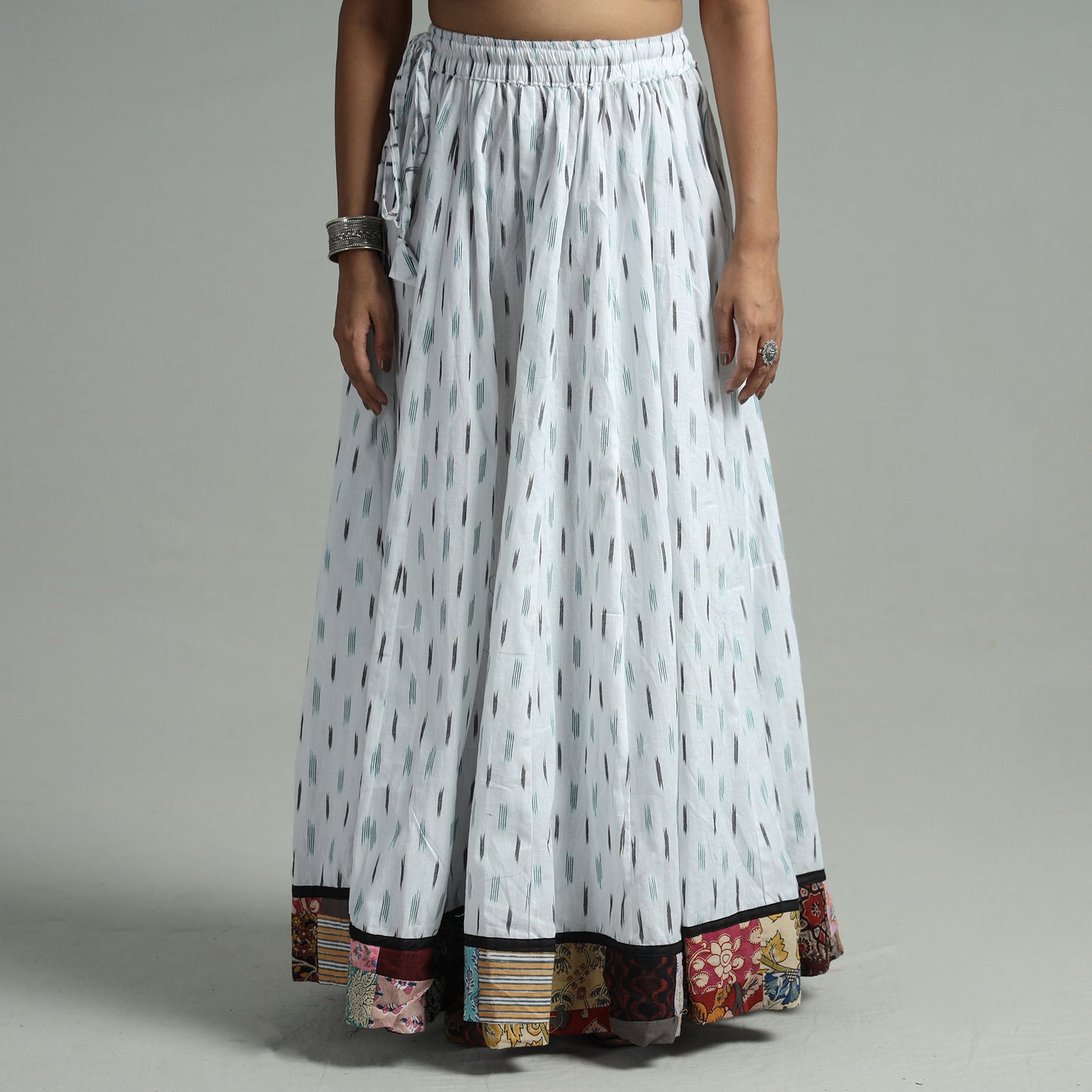 White - Pochampally Ikat 24 Kali Cotton Skirt with Patchwork Border 04