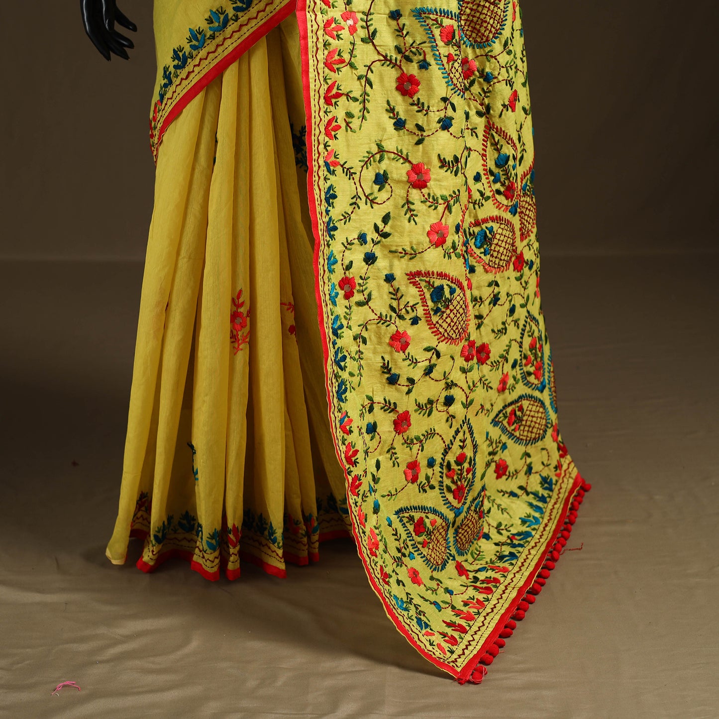 Yellow - Phulkari Hand Embroidered Chanderi Silk Chapa Work Saree 30