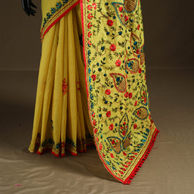 Yellow - Phulkari Hand Embroidered Chanderi Silk Chapa Work Saree 30