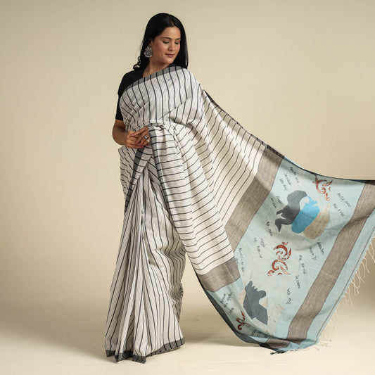 White - Bengal Kantha Hand Embroidery Handloom Cotton Saree with Tassels 15