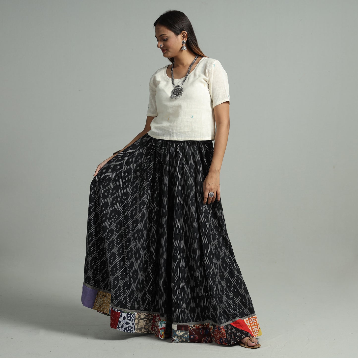 Black - Pochampally Ikat 24 Kali Cotton Skirt with Patchwork Border 05