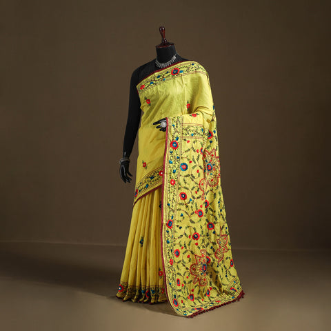 Yellow - Phulkari Hand Embroidered Chanderi Silk Chapa Work Saree 31