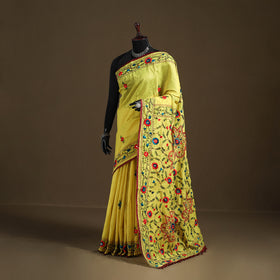 Yellow - Phulkari Hand Embroidered Chanderi Silk Chapa Work Saree 31