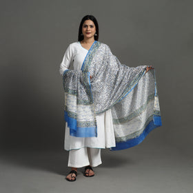 Blue - Block Print Handloom Chanderi Silk Sanganeri Dupatta 03