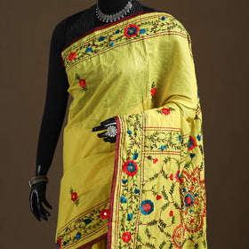Yellow - Phulkari Hand Embroidered Chanderi Silk Chapa Work Saree 31
