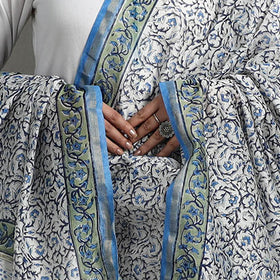 Blue - Block Print Handloom Chanderi Silk Sanganeri Dupatta 03