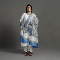 Grey - Block Print Handloom Chanderi Silk Sanganeri Dupatta 03