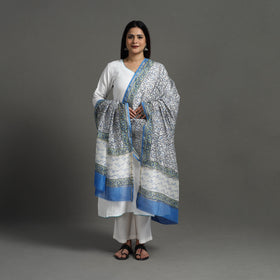 Blue - Block Print Handloom Chanderi Silk Sanganeri Dupatta 03