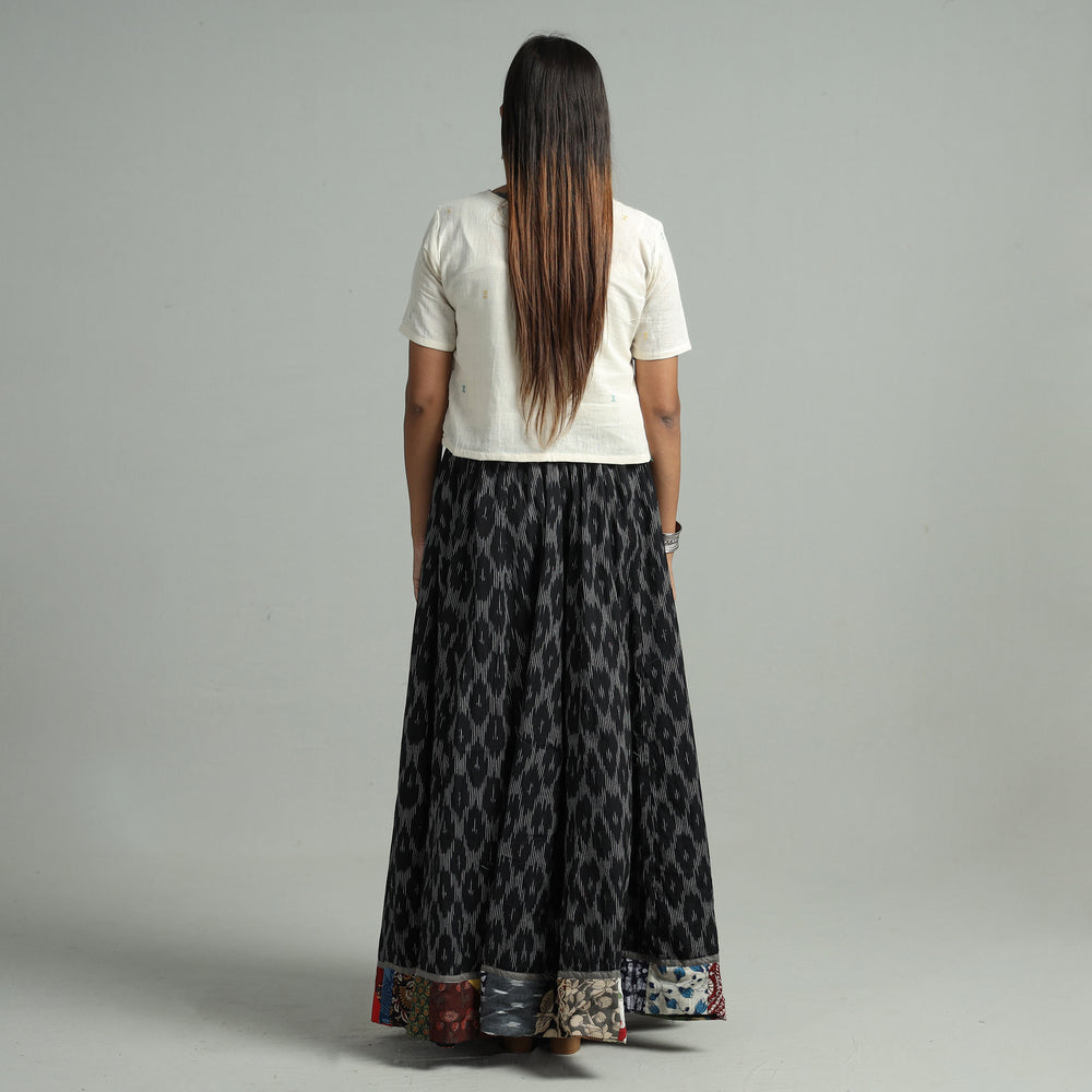 Black - Pochampally Ikat 24 Kali Cotton Skirt with Patchwork Border 05