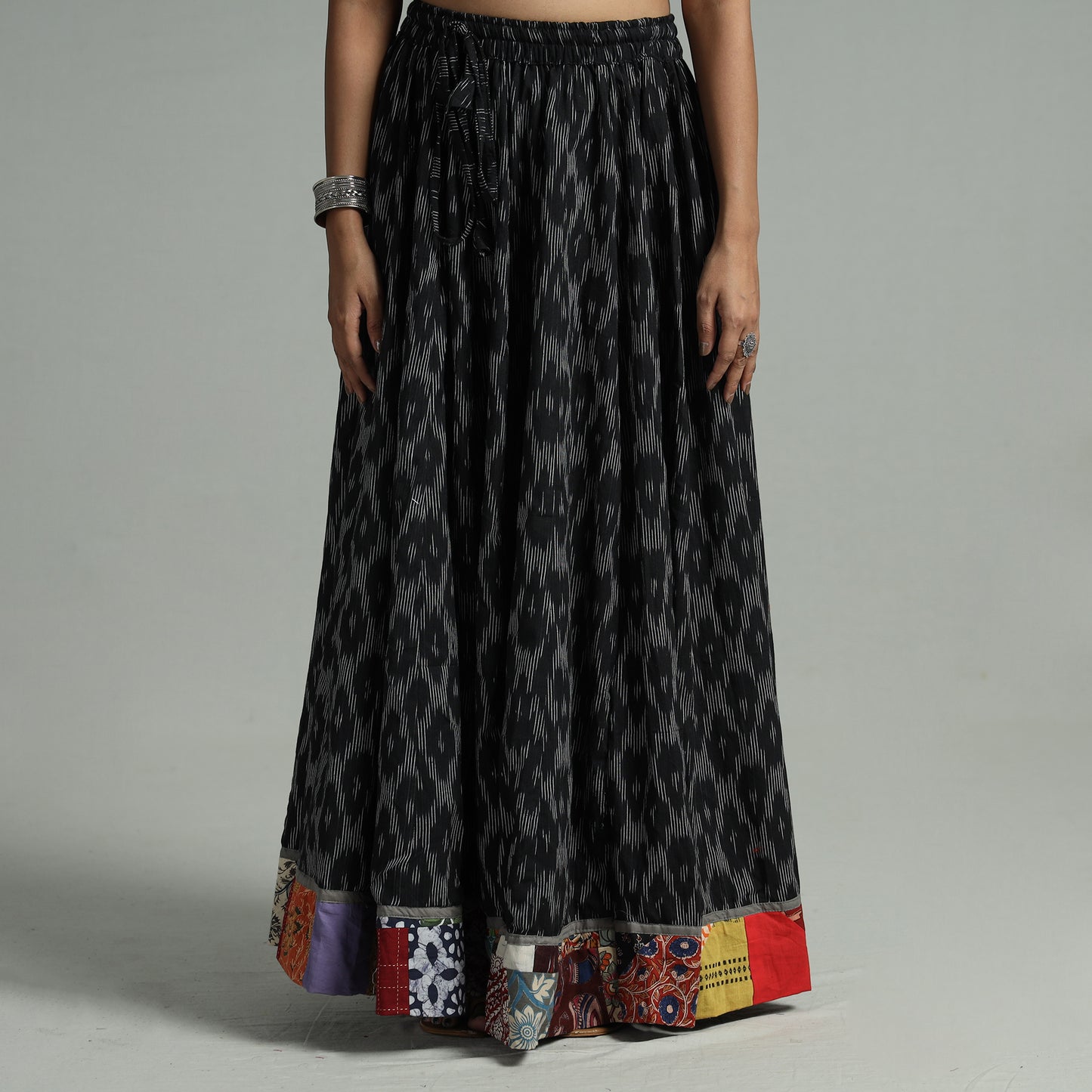 Black - Pochampally Ikat 24 Kali Cotton Skirt with Patchwork Border 05