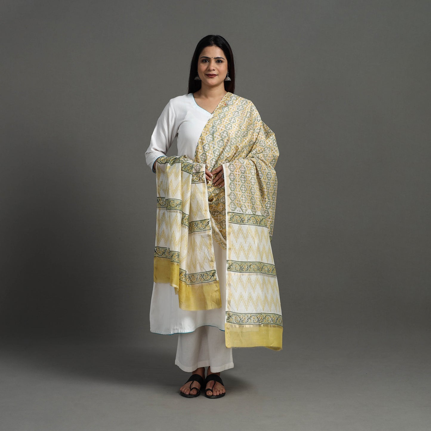 Multicolor - Block Print Handloom Chanderi Silk Sanganeri Dupatta 04