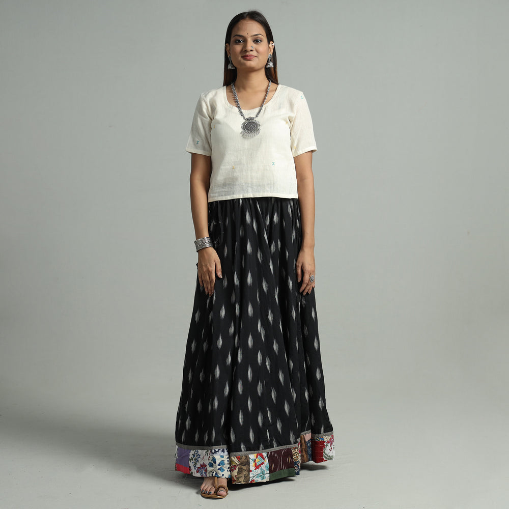 Black - Pochampally Ikat 24 Kali Cotton Skirt with Patchwork Border 06