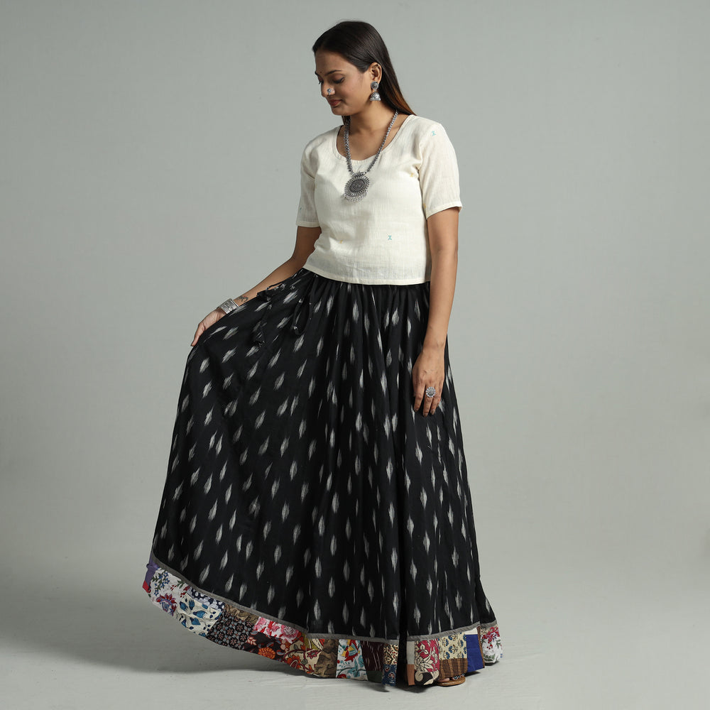 Black - Pochampally Ikat 24 Kali Cotton Skirt with Patchwork Border 06