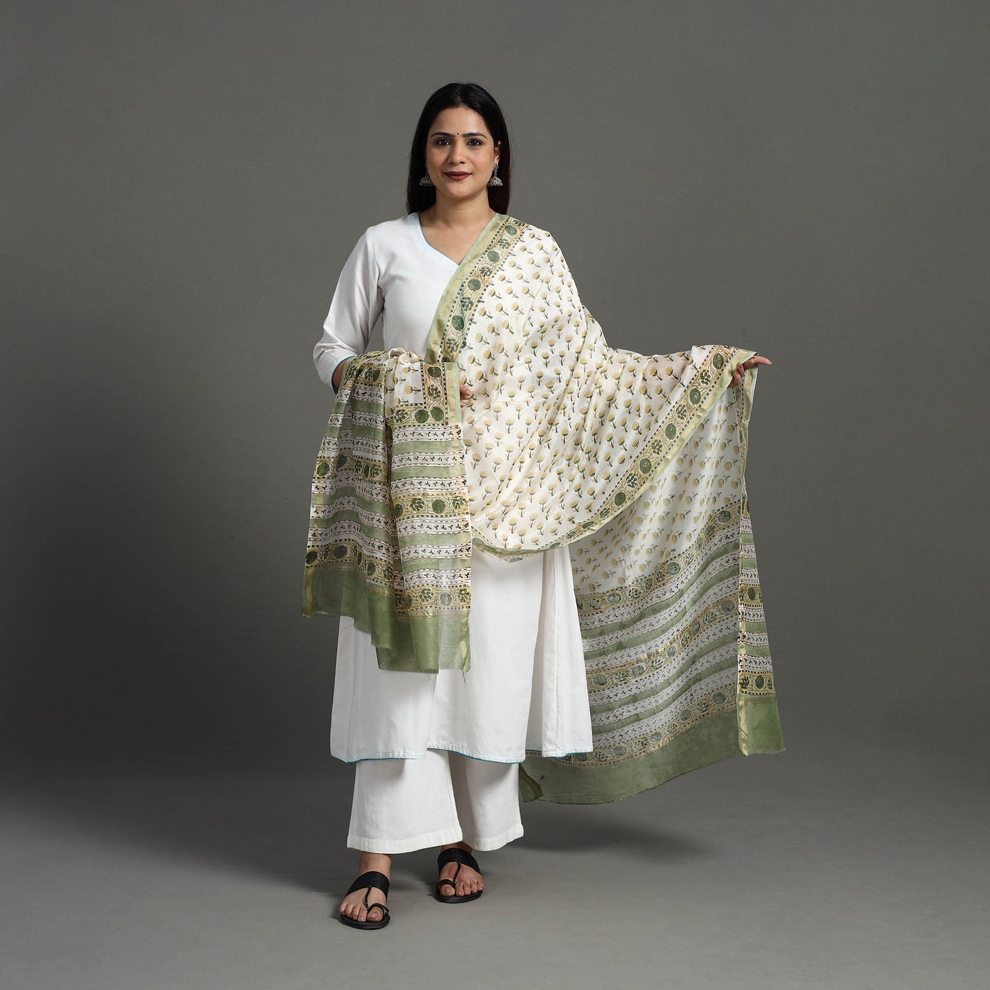 White - Block Print Handloom Chanderi Silk Sanganeri Dupatta 05