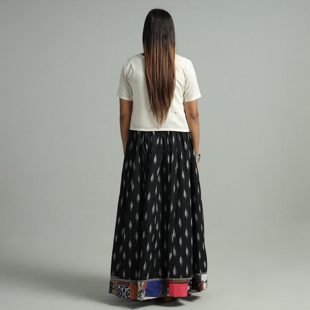 Black - Pochampally Ikat 24 Kali Cotton Skirt with Patchwork Border 06