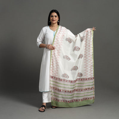 White - Block Print Handloom Chanderi Silk Sanganeri Dupatta 06