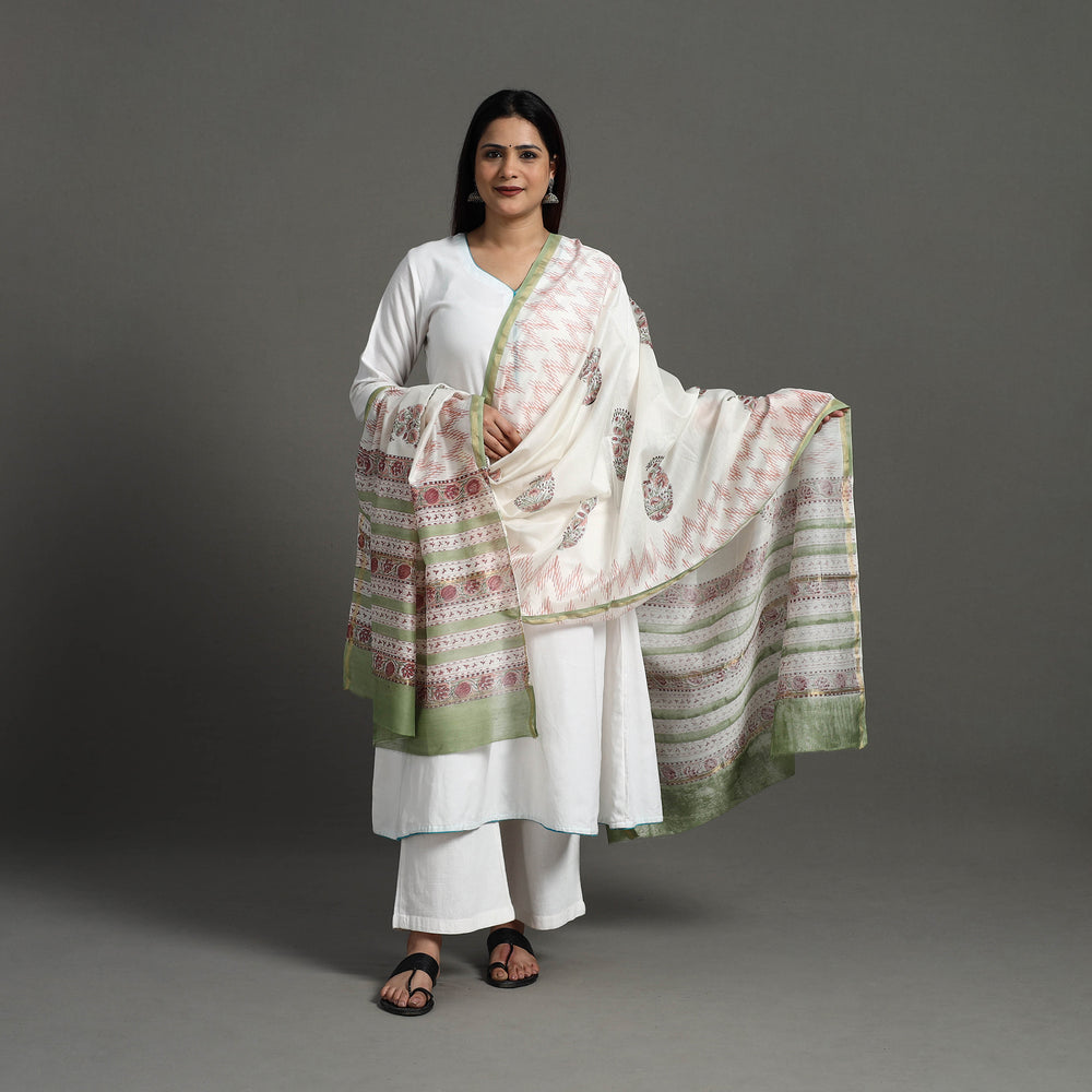 White - Block Print Handloom Chanderi Silk Sanganeri Dupatta 06