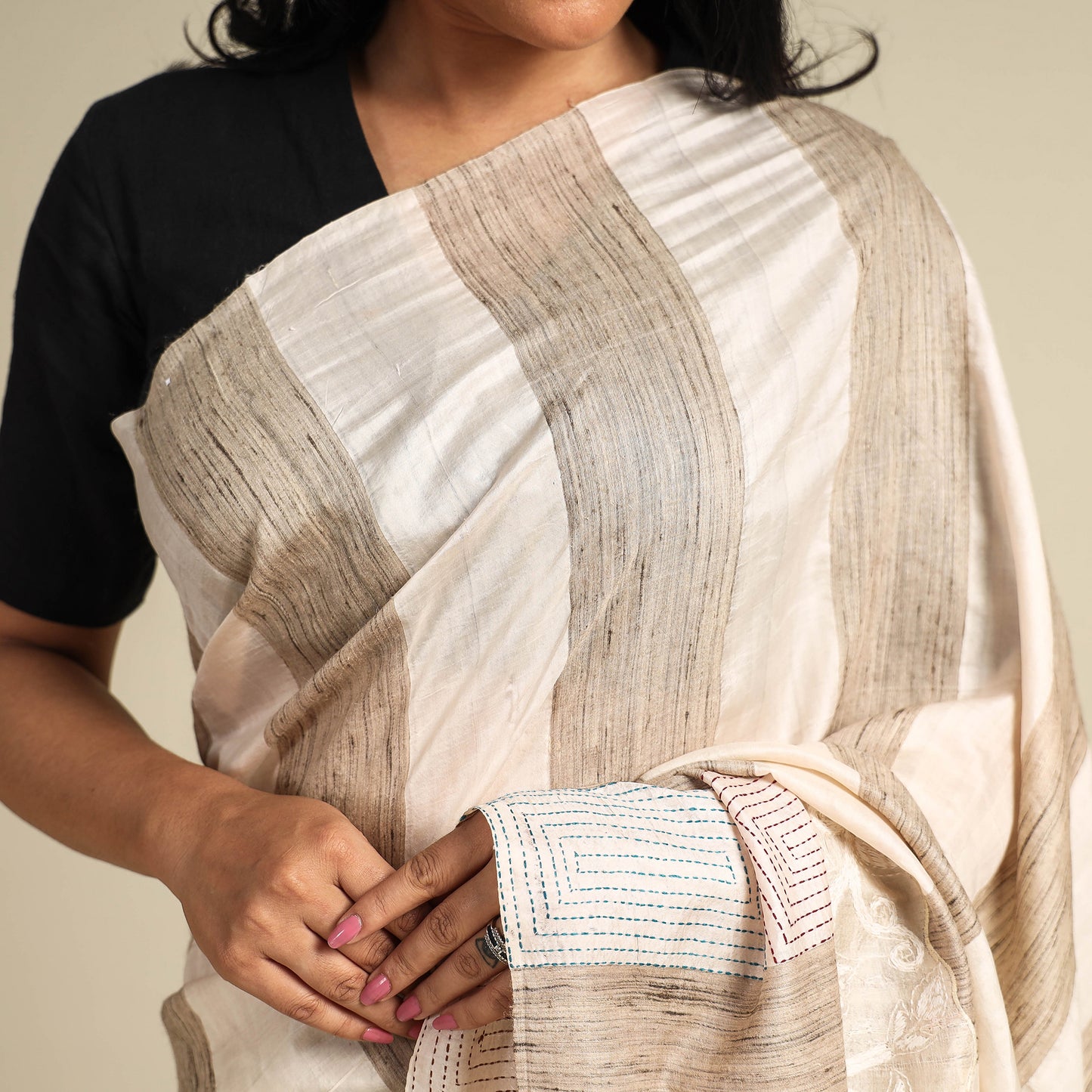 Beige - Bengal Kantha Hand Embroidery Handloom Katan Silk Saree 28