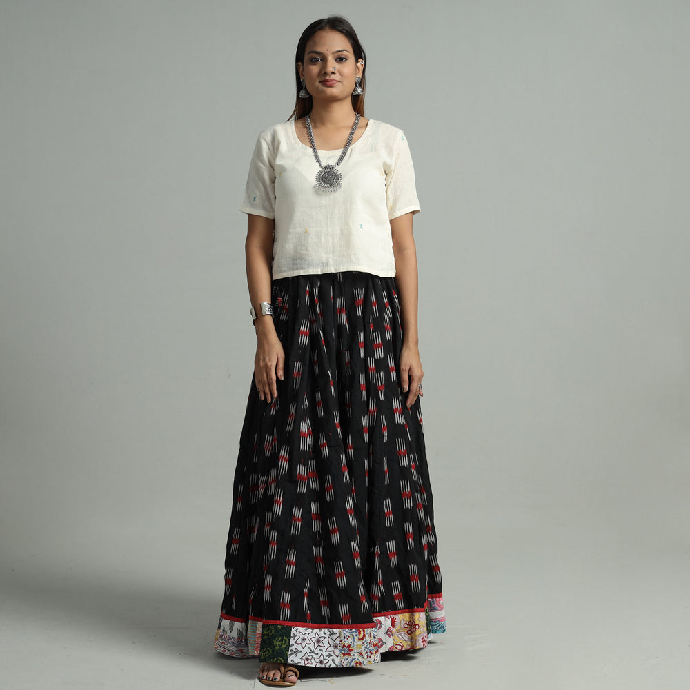 Black - Pochampally Ikat 24 Kali Cotton Skirt with Patchwork Border 07