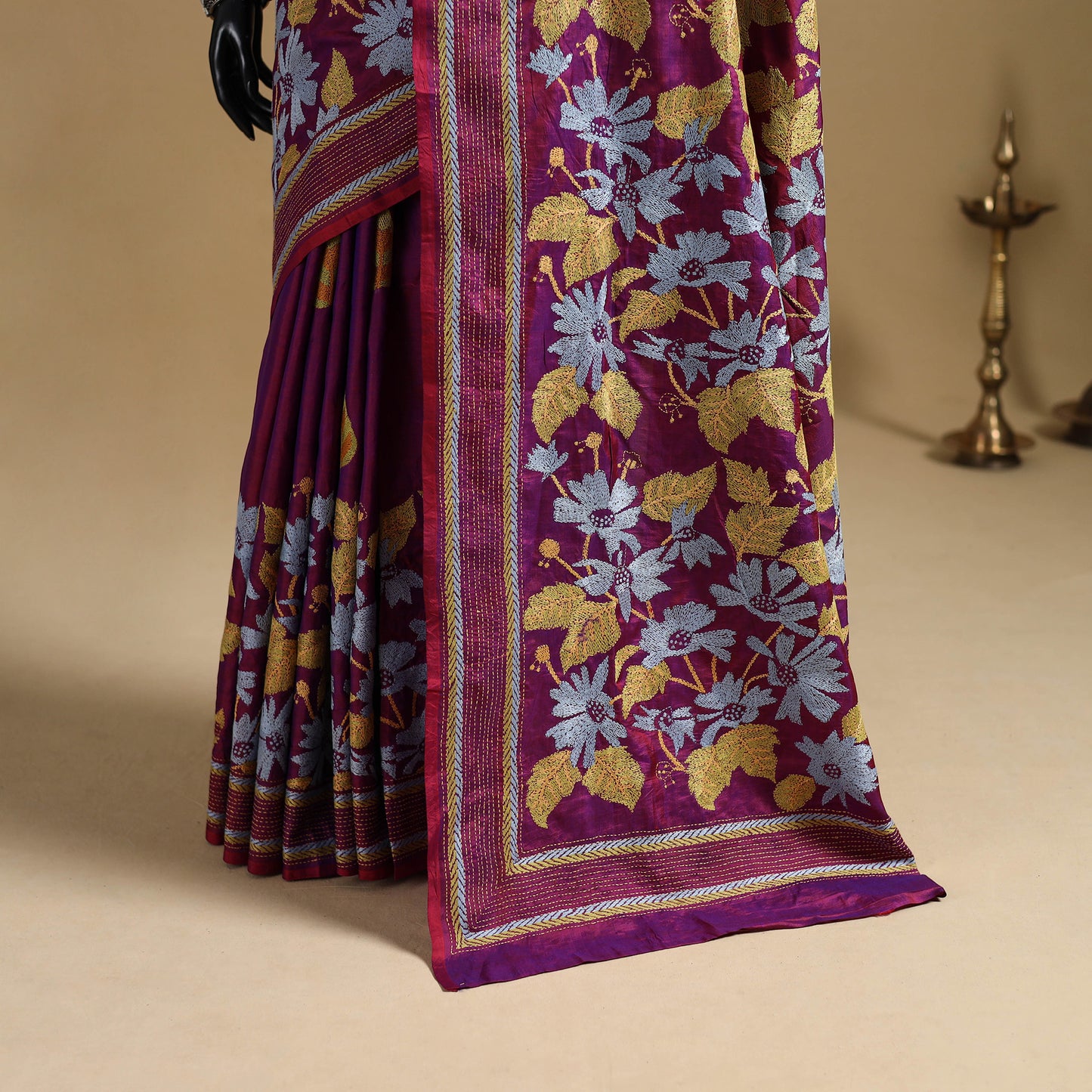 Bengal Hand Embroidered Bangalore Silk Pure Handloom Kantha Saree 08